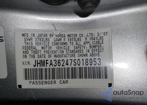 2007 Honda Civic Hybrid from USA, damaged, VIN JHMFA36247S018953